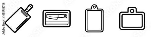 Collection of vector illustration icons featuring cutting boards and knives in a minimalist design style