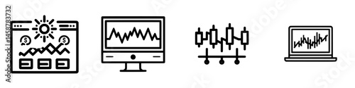 Vector illustration icons depicting financial data analysis tools for market research and tracking performance on digital platforms