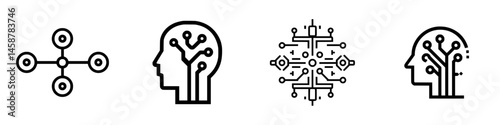 Vector illustration of technology-themed icons representing artificial intelligence, neural networks, and modern computing