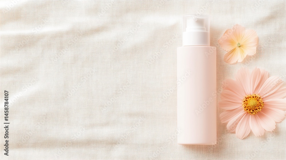 Pink Skincare Bottle Mockup on Textured Fabric with Peach Cosmos Flowers