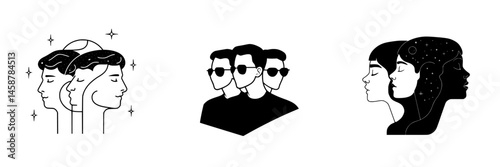 Vector illustration icons representing diverse human profiles and expressions reflecting unity, friendship, and individuality in a minimalist design