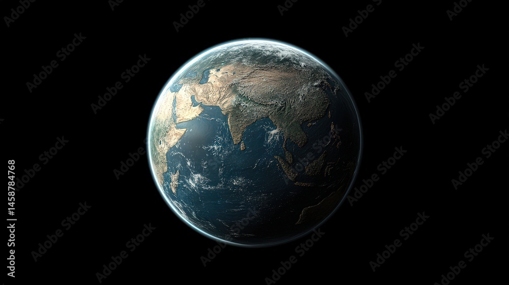 Fototapeta premium 3D Earth model floating in space, with realistic lighting effects reflecting off the oceans, and soft atmospheric glow around the planet edge