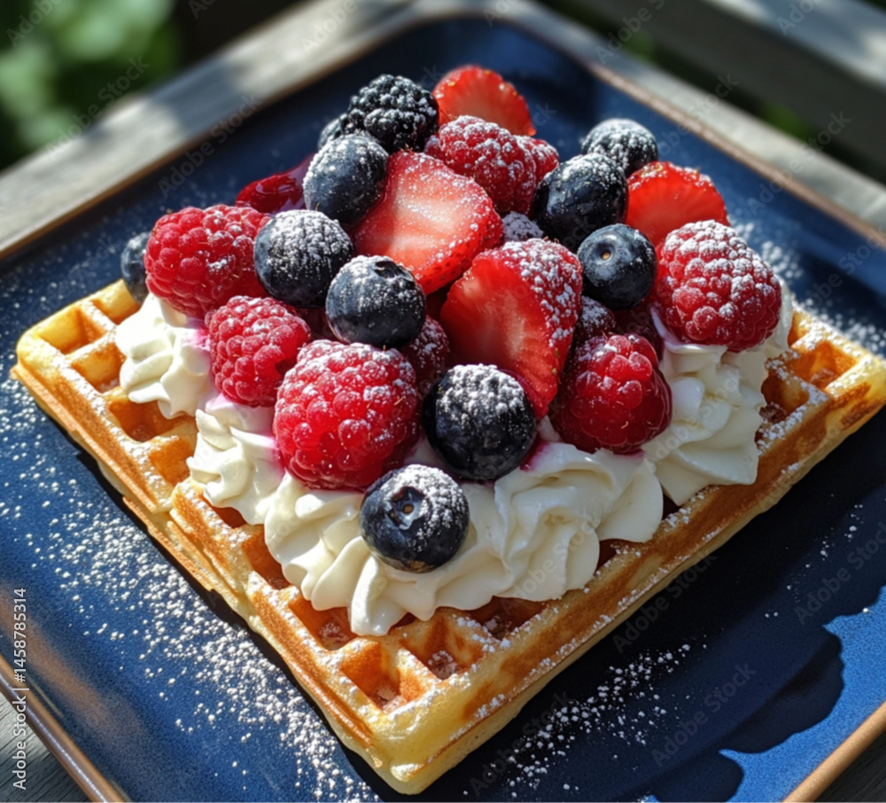 A square waffle with cream and various berries on top. On the table are some more blueberries and raspberries,placed on outdoor, Food photography, delicious.