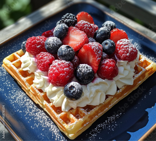 Obraz na płótnie A square waffle with cream and various berries on top. On the table are some more blueberries and raspberries,placed on outdoor, Food photography, delicious. w salonie