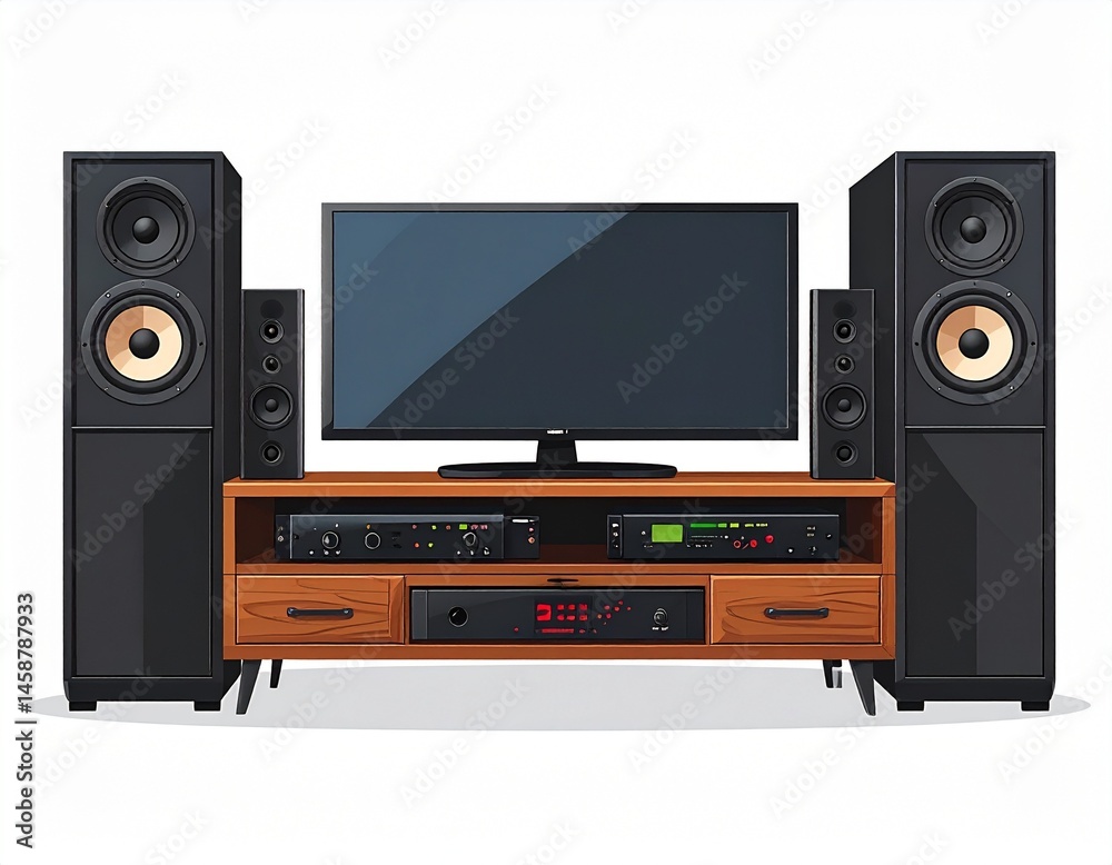 A home entertainment system. Large speakers flanking a flat-screen TV set on a wooden cabinet. Audio equipment is displayed on the cabinet's shelves A home entertainment system. Large speakers flanking a flat-screen TV set on a wooden cabinet. Audio equipment is displayed on the cabinet's shelves
