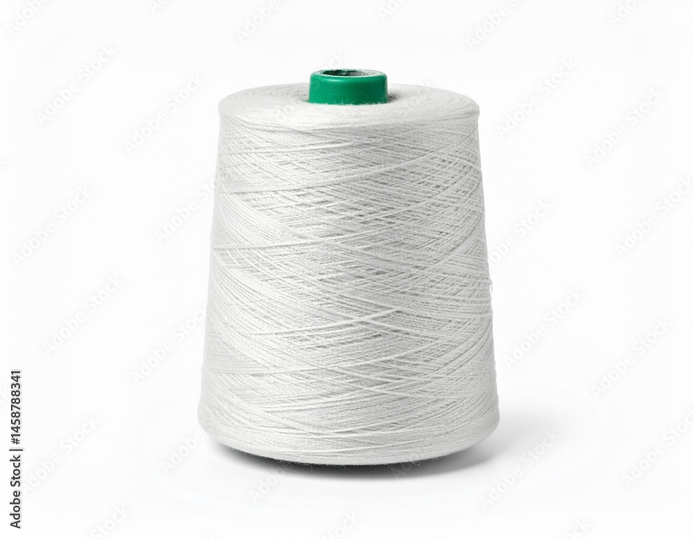 A white spool of thread is isolated on a white background. The thread is neatly wound around the cone, showing texture. A green top is visible A white spool of thread is isolated on a white background. The thread is neatly wound around the cone, showing texture. A green top is visible