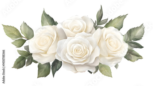 Elegant Watercolor Bouquet of White Roses on Transparent Background for Design Projects