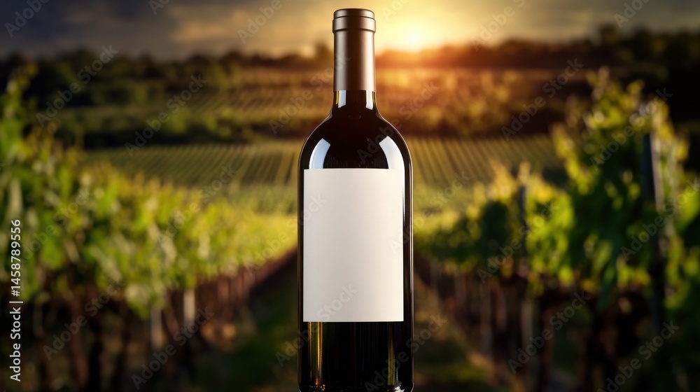 Fototapeta premium Red wine bottle vineyard sunset golden hour blank label rustic