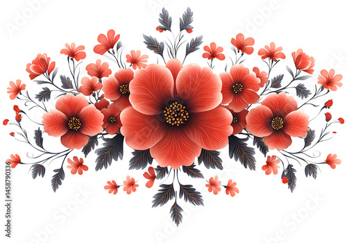 Red floral ornament, vector illustration on transparent background