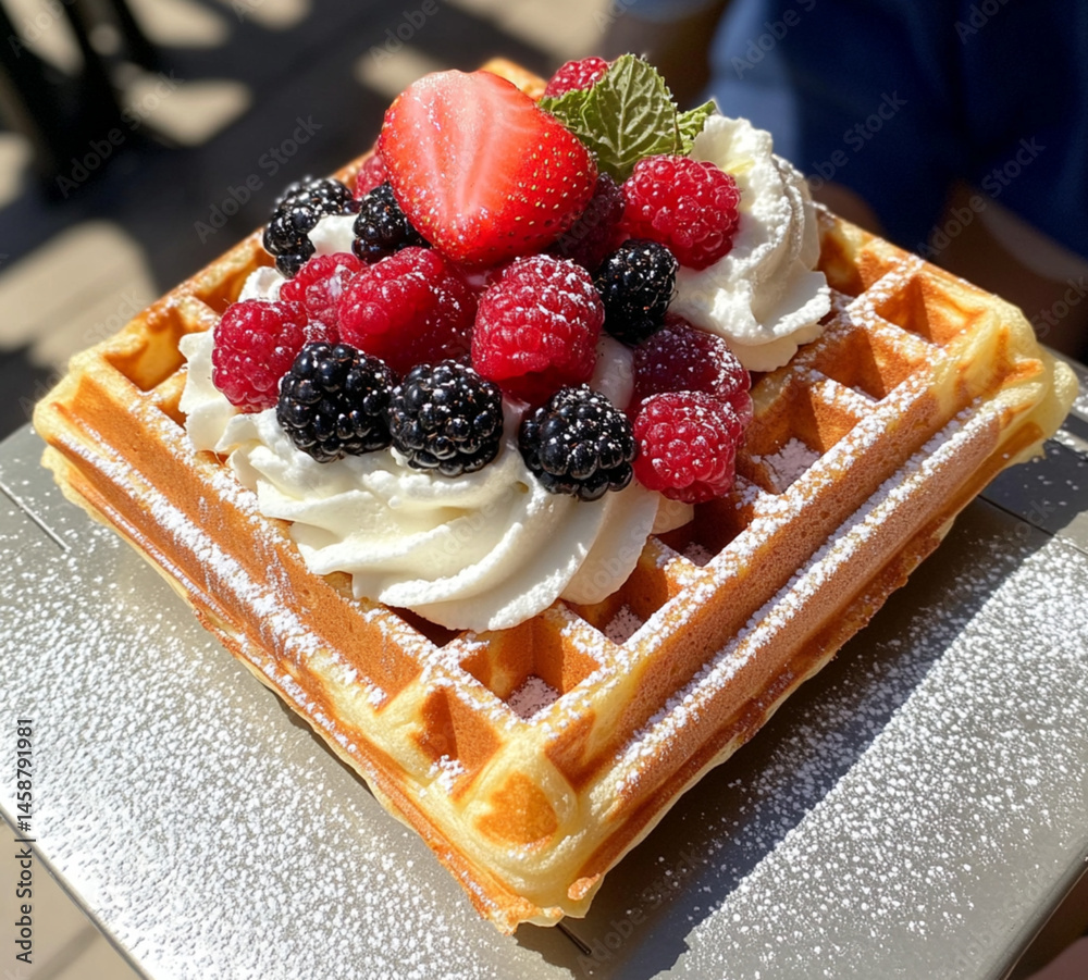 A square waffle with cream and various berries on top. On the table are some more blueberries and raspberries,placed on outdoor, Food photography, delicious.