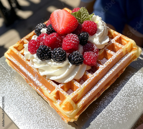 Obraz na płótnie A square waffle with cream and various berries on top. On the table are some more blueberries and raspberries,placed on outdoor, Food photography, delicious. w salonie