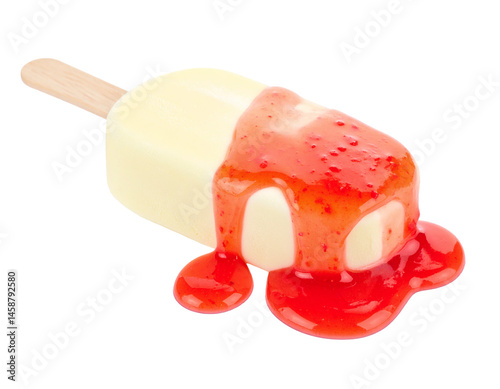 Vanilla popsicle ice cream with strawberry sauce and wooden stick isolated on transparent background