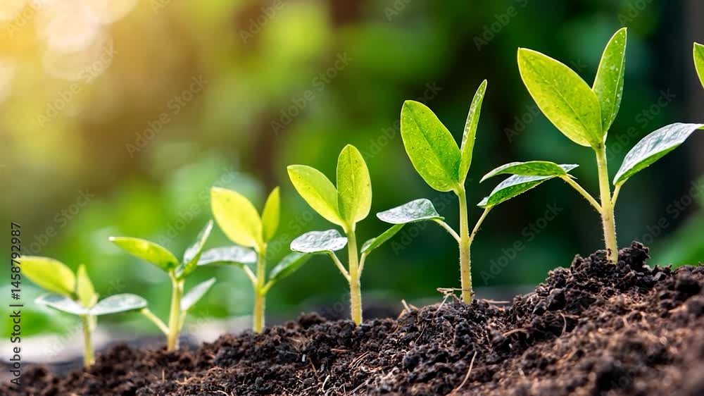 Close-up of vibrant green seedlings growing in rich soil with soft sunlight in the background Close-up of vibrant green seedlings growing in rich soil with soft sunlight in the background
