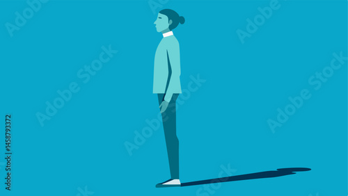 Side Profile with Escaping Shadow A side view illustration of a person standing still with a straight posture dressed simply. Their shadow depicted reaching outwards with one arm