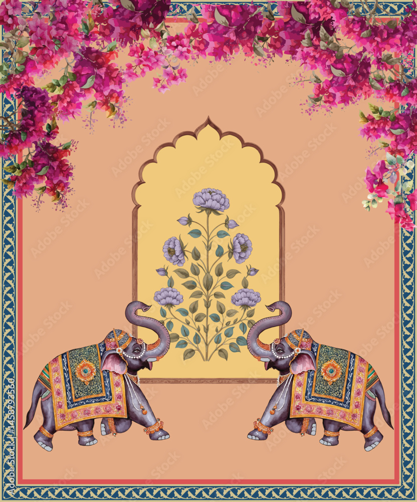 custom made wallpaper toronto digitalMughal Rajasthani art style featuring adorned elephants floral archway and decorative border illustration for wedding