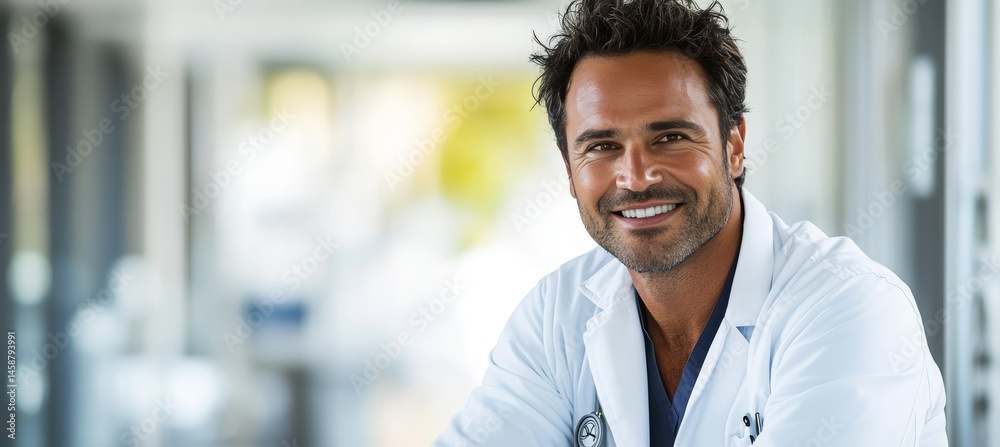Naklejka premium Portrait Of A Confident Male Doctor Smiling In Modern Hospital Corridor With Blurred Background