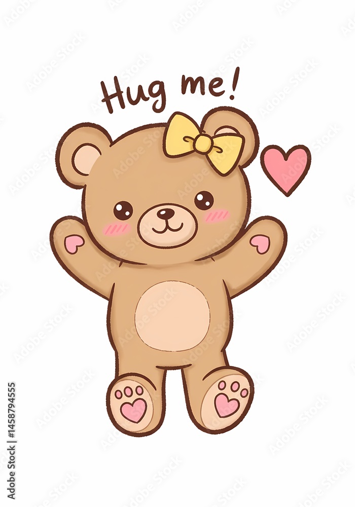Fototapeta premium Adorable teddy bear character inviting a warm embrace with open arms and heart, surrounded by sweet affection and gentle innocence, perfect for kids