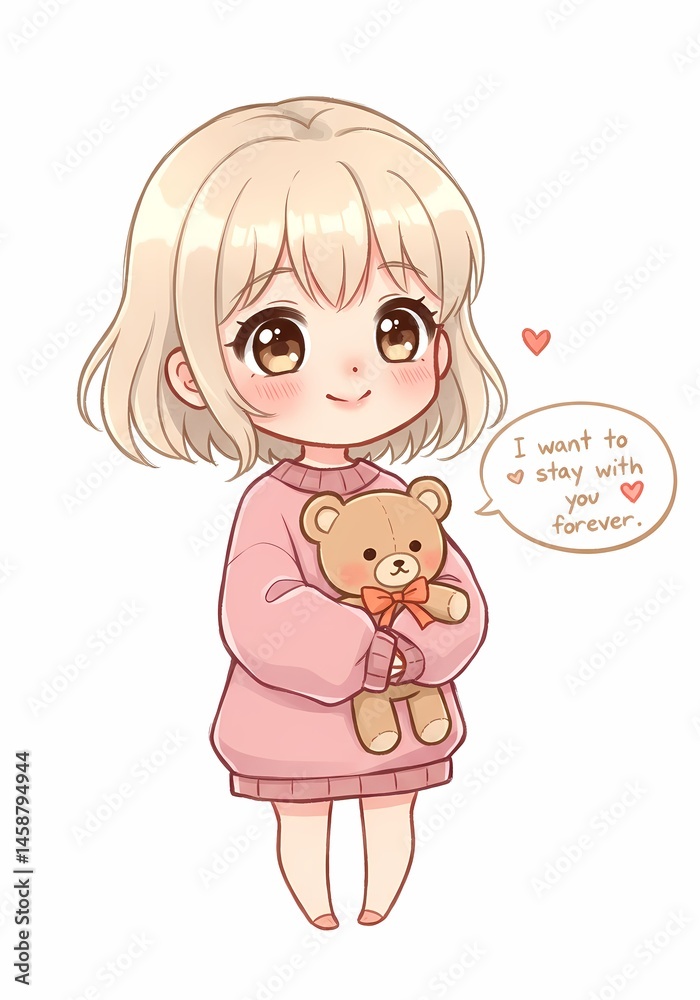 Obraz premium A sweet anime girl expressing heartfelt affection for her teddy bear, encapsulating themes of love and innocence in a charming illustration style