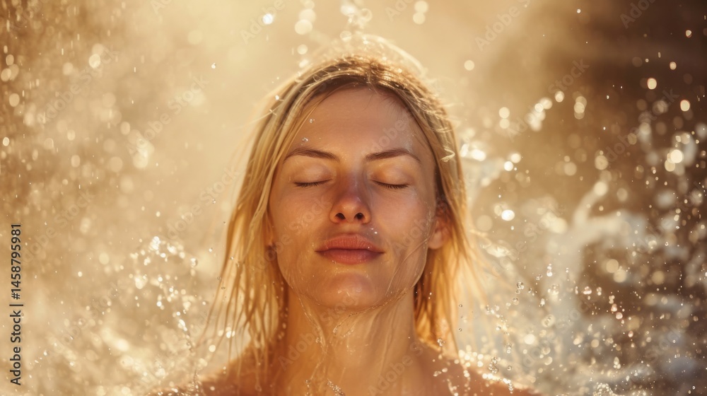 Fototapeta premium Portrait of peaceful young blonde woman with closed eyes as water splashes over her face, glowing in warm golden light with soft bokeh background