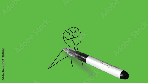 draw human hand and arm with fist surrounded by star with black outline on abstract green screen background   
