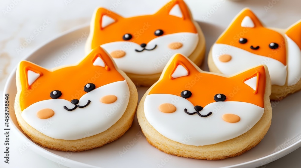 Fototapeta premium Adorable Fox Face Sugar Cookies on White Plate. Perfect for Autumn Celebrations, Birthday Parties
