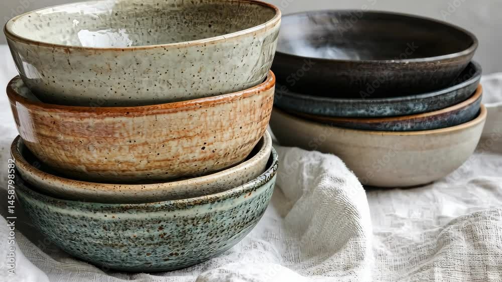 A collection of handmade pottery bowls stacked on a white linen cloth. A collection of handmade pottery bowls stacked on a white linen cloth.