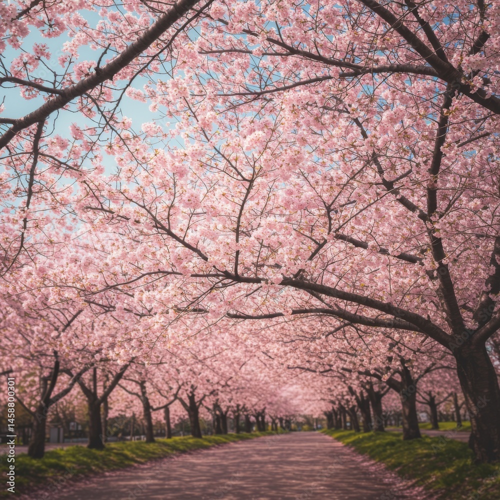 Pink Cherry Blossom Trees Tunnel Pathway Pink Cherry Blossom Trees Tunnel Pathway