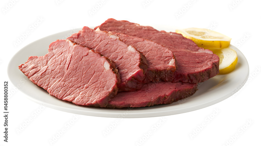 Delicious Sliced Corned Beef on White Background for Culinary Designs Delicious Sliced Corned Beef on White Background for Culinary Designs