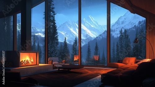 A cozy, modern interior of a mansion nestled in the mountains. Large glass windows offer a breathtaking view of the forest and snowy peaks. A fireplace casts a warm glow in the night.