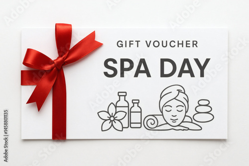 Minimalist spa day voucher with red ribbon and icons for wellness gift card 