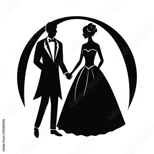couple holding hands wedding attire vector art silhouette