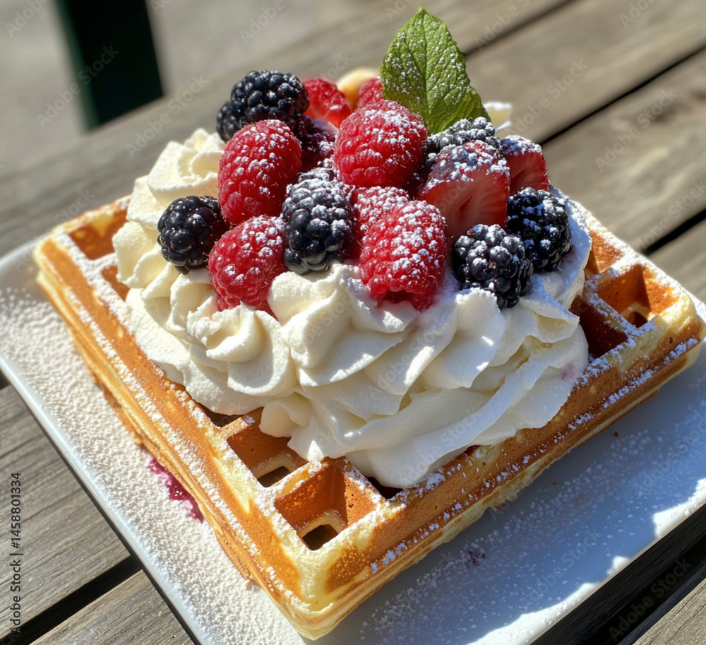 A square waffle with cream and various berries on top. On the table are some more blueberries and raspberries,placed on outdoor, Food photography, delicious.