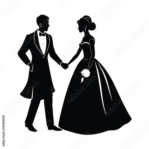 couple holding hands wedding attire vector art silhouette