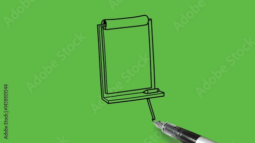 draw rectangle shape blank board fix on 3d table and pen or pencil place on table near-by with black outline on abstract green screen background   
