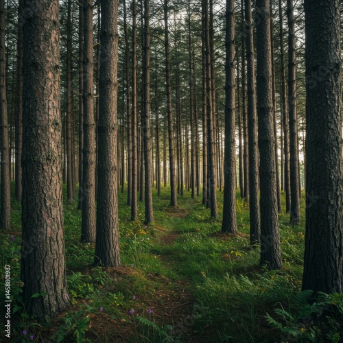 Sunlit Path Through Dense Pine Forest