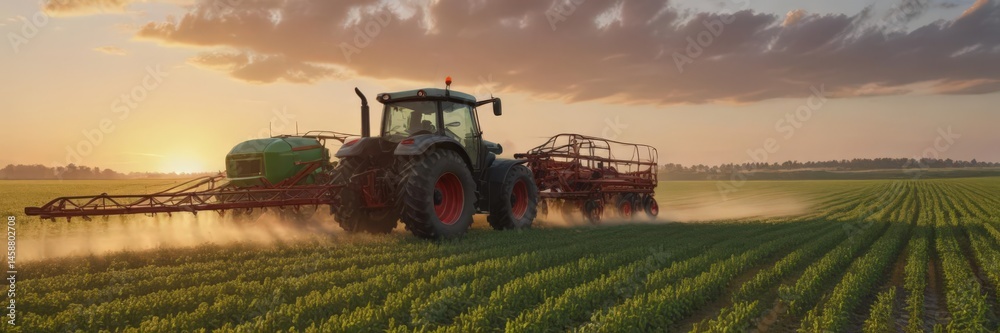 Fototapeta premium Tractor spraying pesticide on soybeans at sunset, landscape, brown