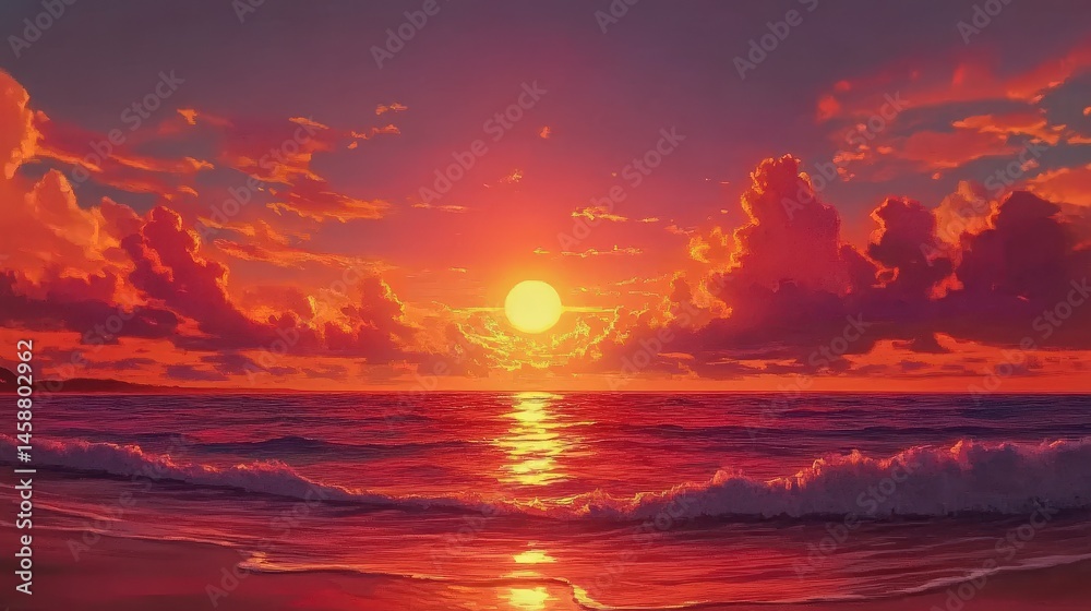 Naklejka premium beautiful sunset over the beach with vibrant oranges and reds filling the sky, while the ocean reflects the colors, and the sound of the waves provides a calming soundtrack