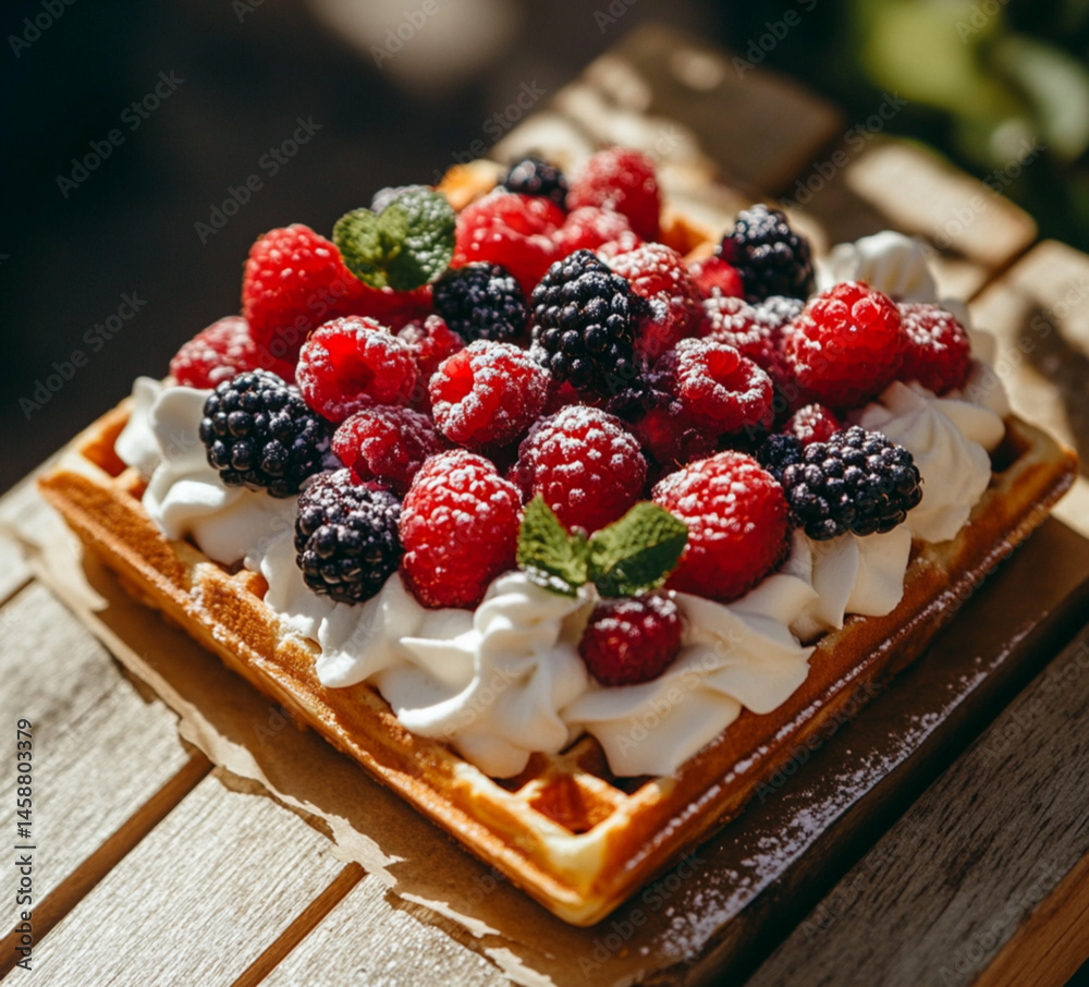 A square waffle with cream and various berries on top. On the table are some more blueberries and raspberries,placed on outdoor, Food photography, delicious.