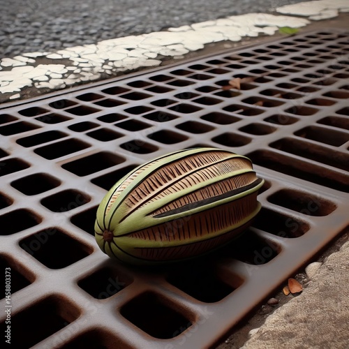 Cupuaçu Seed on Sidewalk Grate A large single seed from a cupua