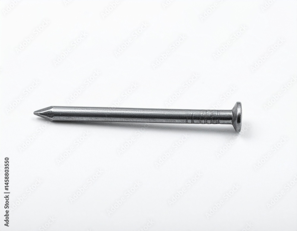 A single, silver nail with a pointed tip and flat head on a stark white background A single, silver nail with a pointed tip and flat head on a stark white background