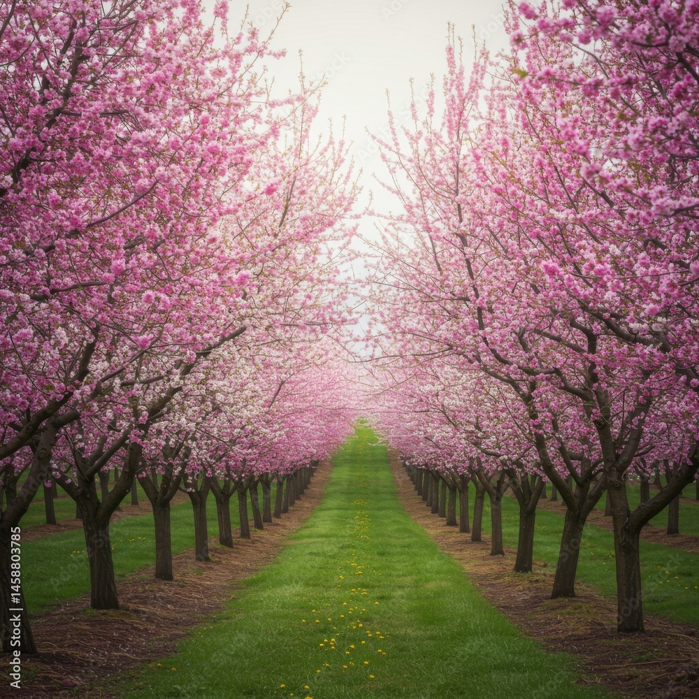 Fototapeta premium Pink Cherry Blossom Trees in a Spring Orchard