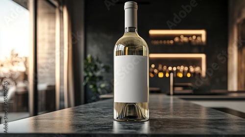 Elegant white wine bottle blank label modern bar backdrop Soft lighting sleek design