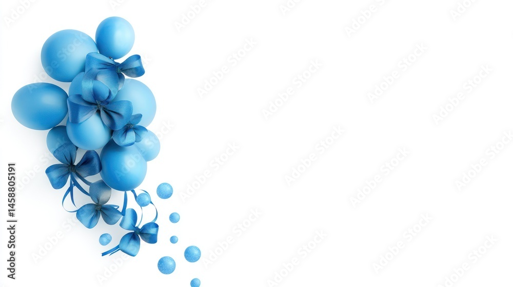 Fototapeta premium Blue balloons and ribbons on white background festive decoration