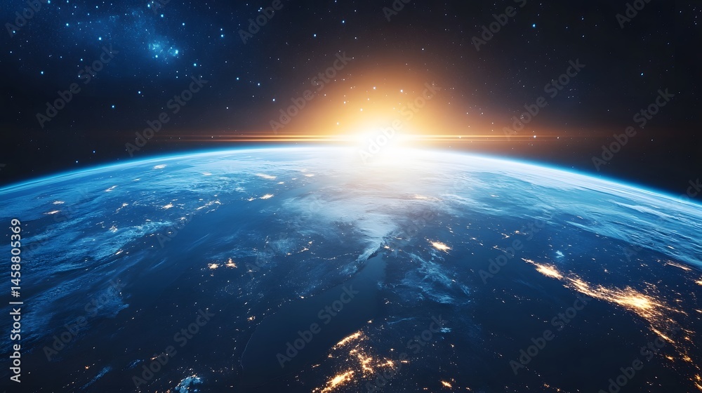 Fototapeta premium Vast expanse of planet earth from space at sunrise.