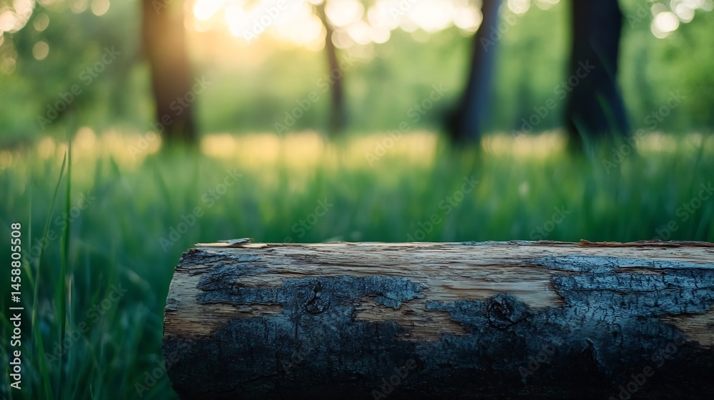 Fototapeta premium A weathered tree trunk rests peacefully in a sun-dappled forest clearing, surrounded by vibrant green grass and blurred trees in the background, creating a tranquil nature scene. : Generative AI