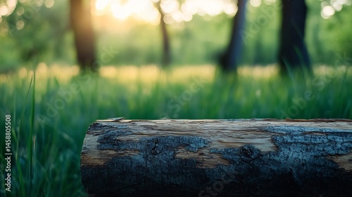 Wallpaper Mural A weathered tree trunk rests peacefully in a sun-dappled forest clearing, surrounded by vibrant green grass and blurred trees in the background, creating a tranquil nature scene. : Generative AI Torontodigital.ca