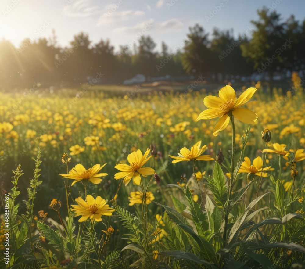 Obraz premium Vibrant yellow flower blossoms in sunlit summer field , landscape, macro, meadow