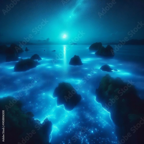 Glowing Bioluminescent Bay A serene tropical bay its waters aglo