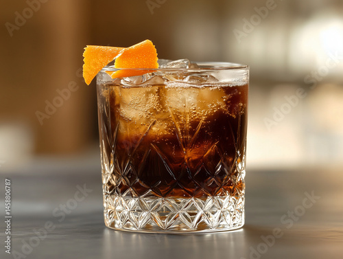 A crisp and refreshing espresso tonic with effervescent bubbles, elegantly served in a crystal glass, garnished with a twist of orange peel.	