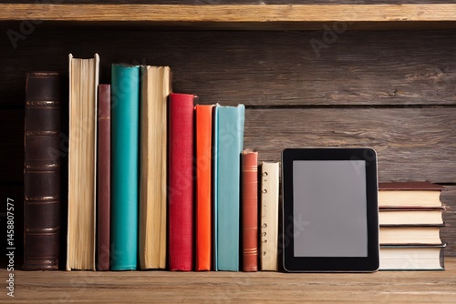 Digital age learning: A shelf with colorful books and a modern tablet device